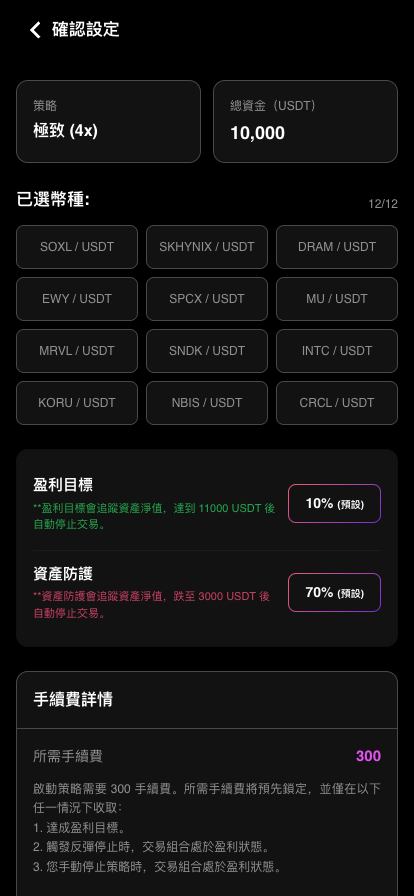 確認設定頁：策略、總資金、幣種、盈利目標與資產防護