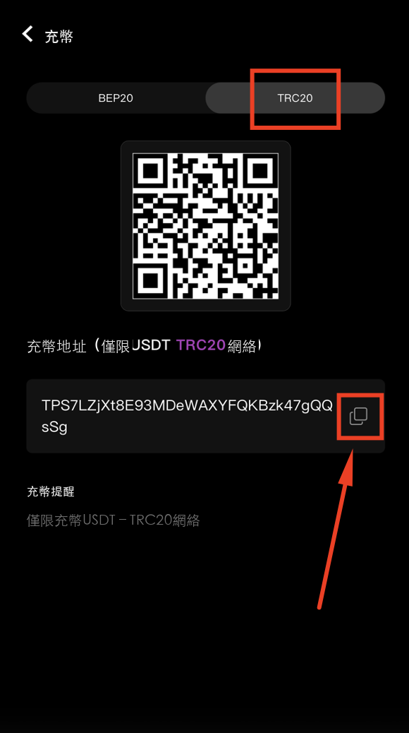 選擇TRC20網絡並複製地址