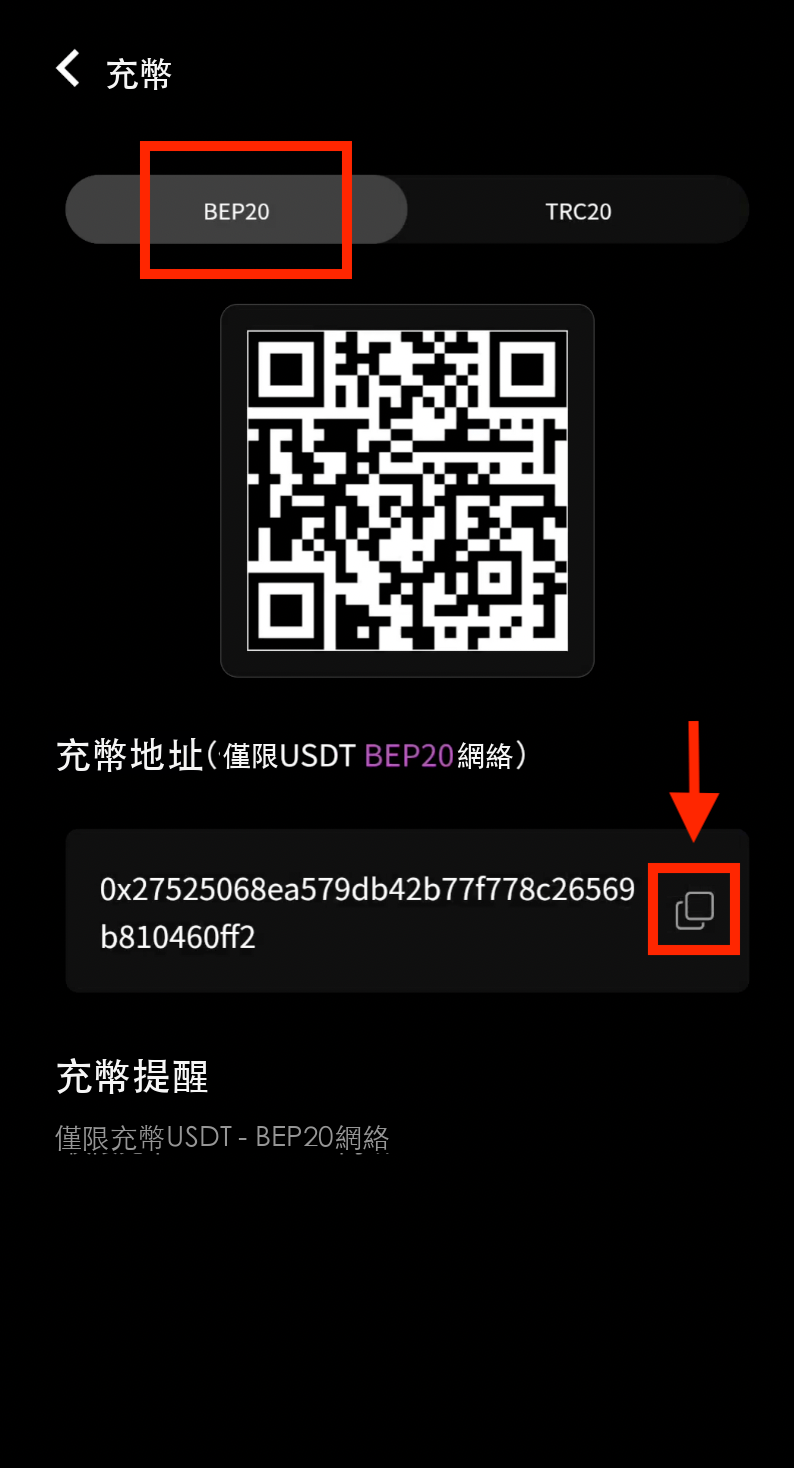 選擇BEP20並複製地址