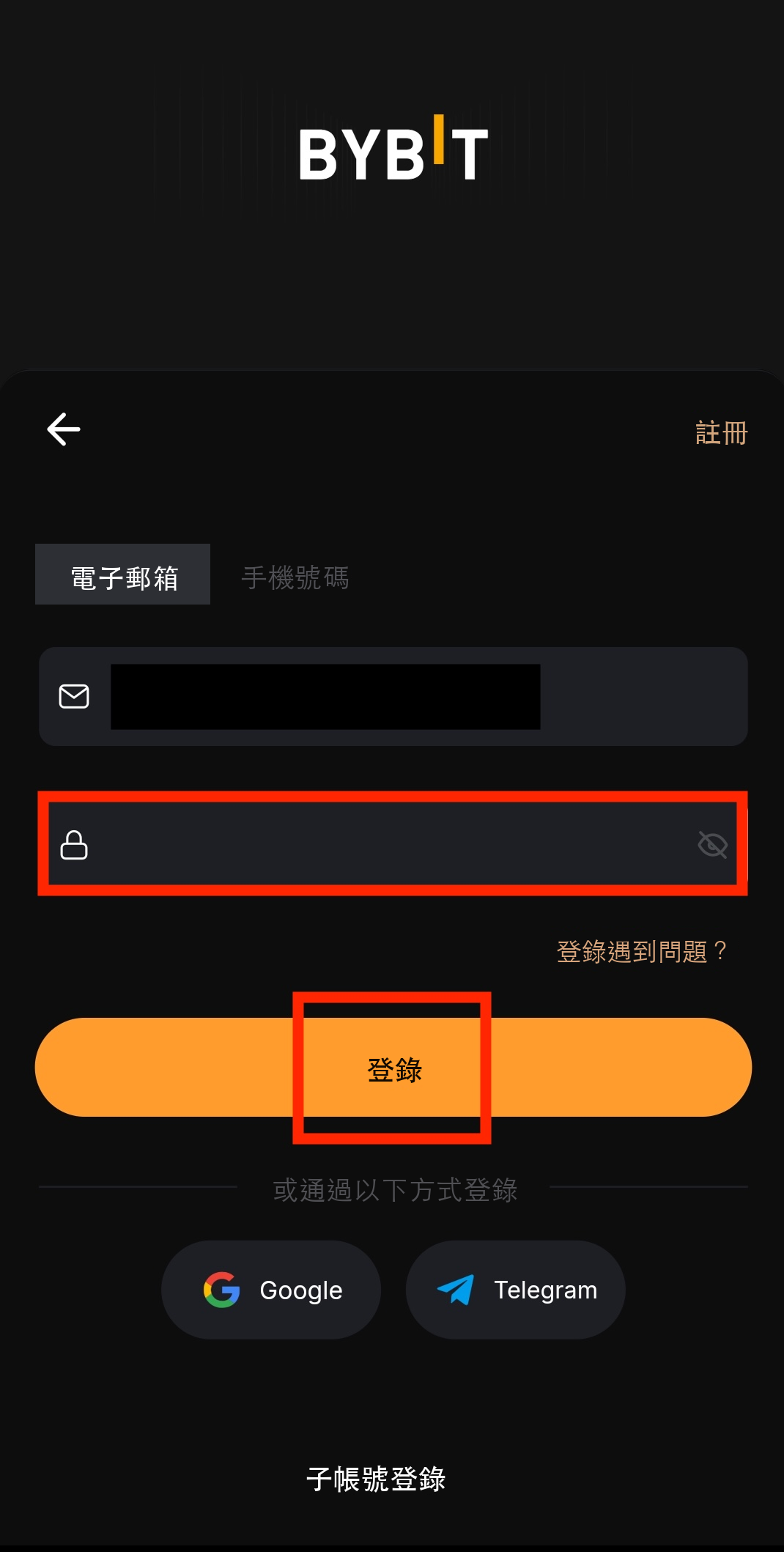 輸入密碼登錄Bybit