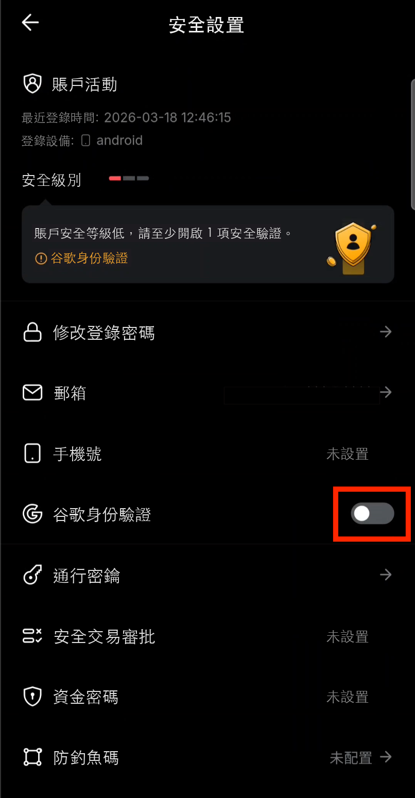 選擇谷歌身份驗證