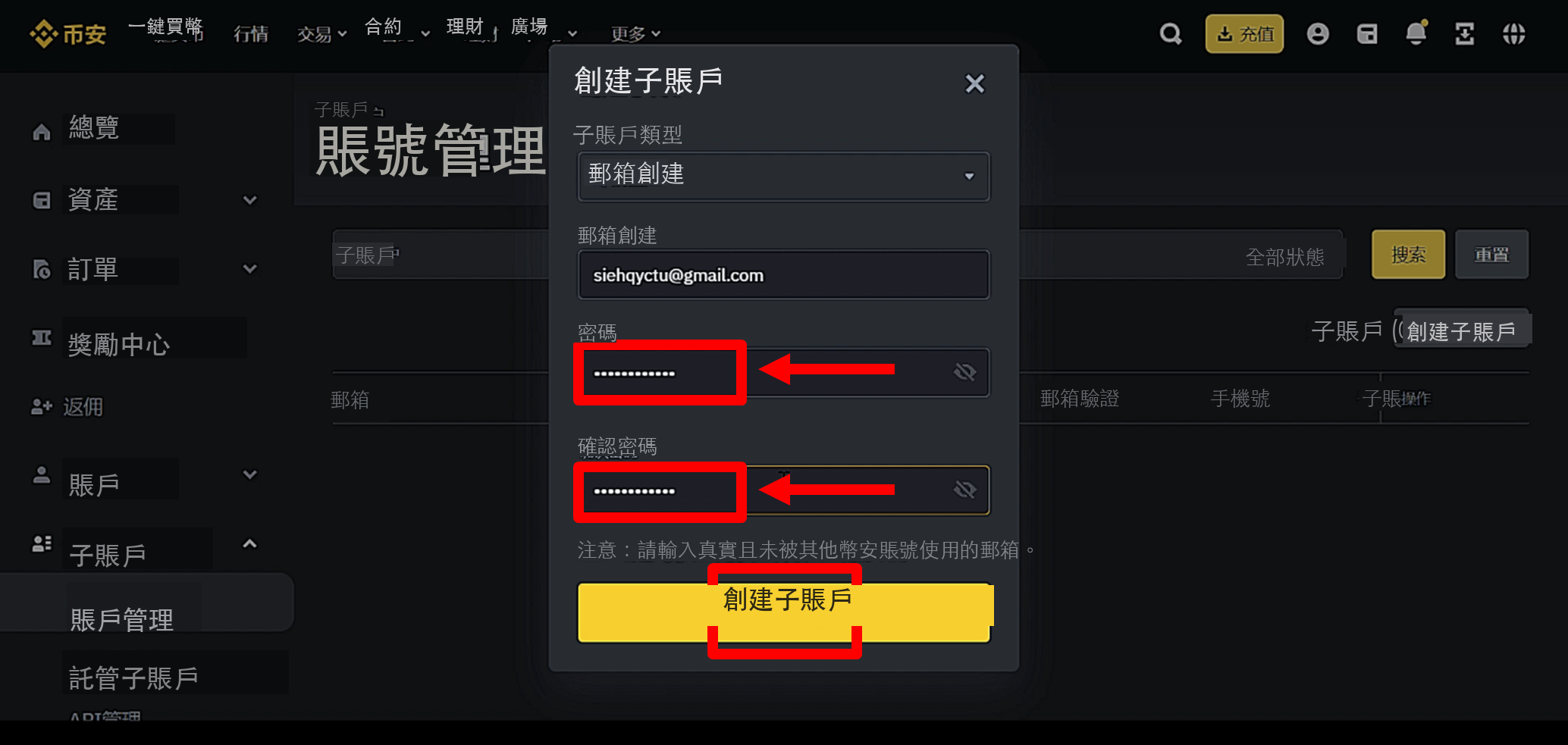 設定子帳戶郵箱密碼